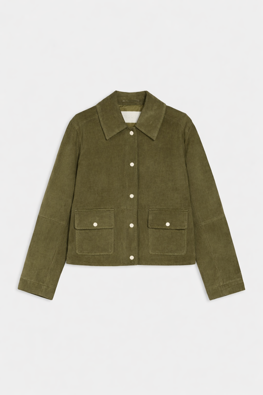 Green jacket with button details on a white background