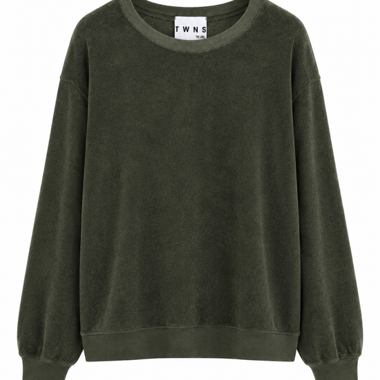 An olive green crewneck sweatshirt with long balloon sleeves and ribbed cuffs, shown flat against a white background. 