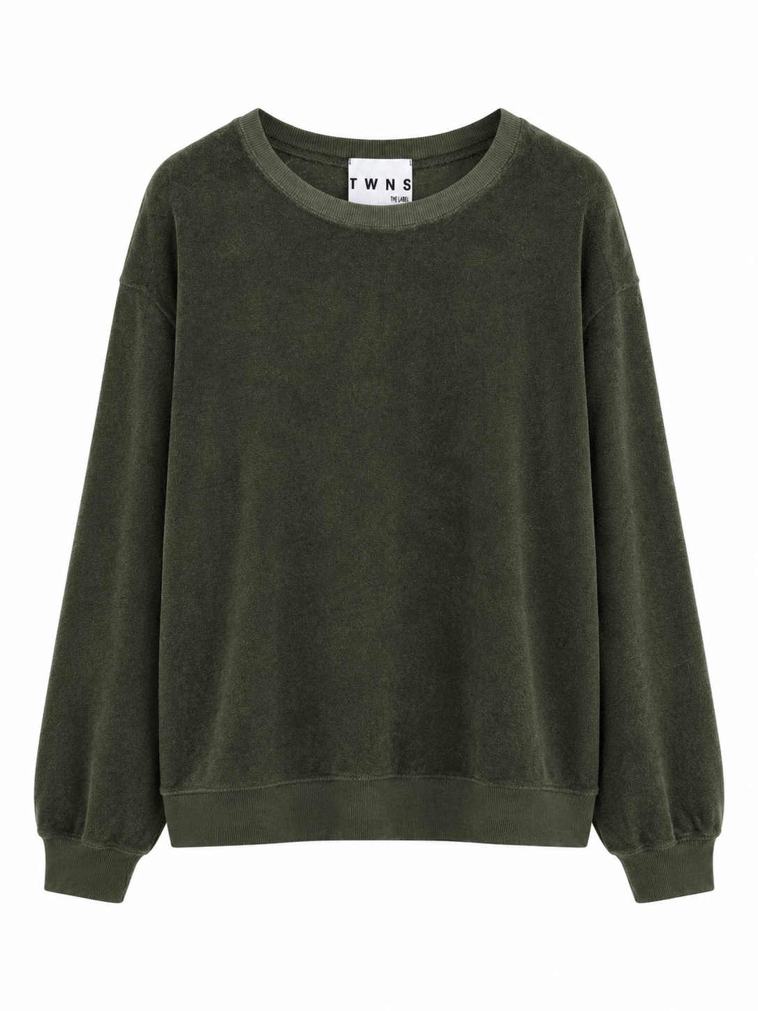 An olive green crewneck sweatshirt with long balloon sleeves and ribbed cuffs, shown flat against a white background. 