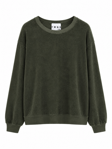 An olive green crewneck sweatshirt with long balloon sleeves and ribbed cuffs, shown flat against a white background. 