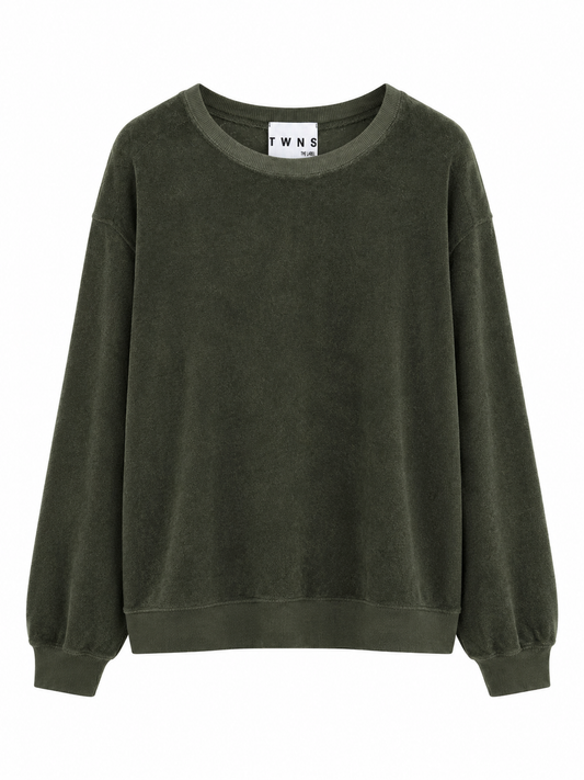 An olive green crewneck sweatshirt with long balloon sleeves and ribbed cuffs, shown flat against a white background. 