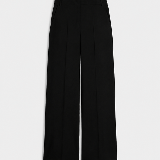 Black wide leg structured trousers product shot on a white background