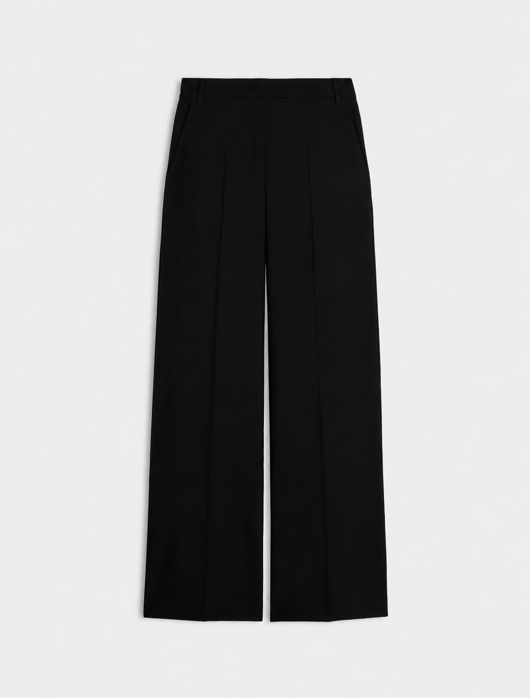 Black wide leg structured trousers product shot on a white background