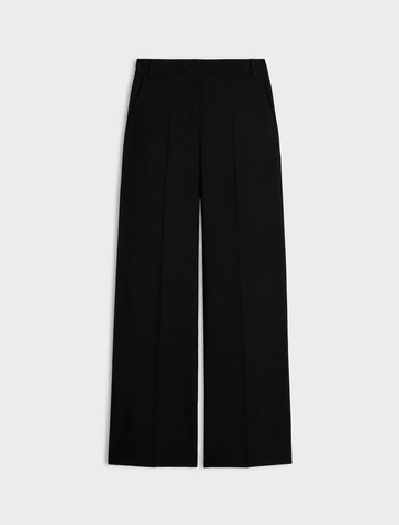 Black wide leg structured trousers product shot on a white background