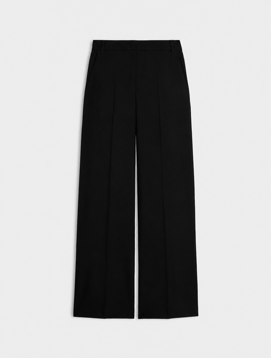 Black wide leg structured trousers product shot on a white background