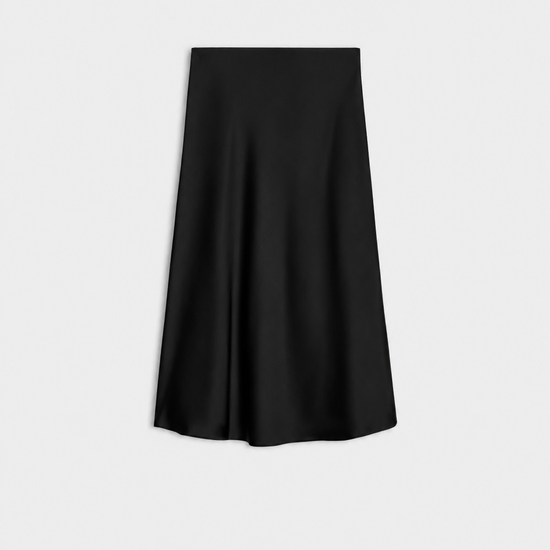 Black silk skirt product shot on a plain bakground