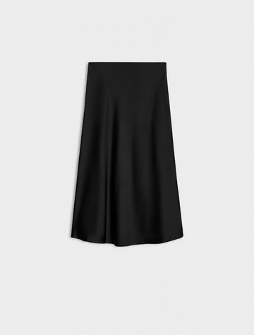 Black silk skirt product shot on a plain bakground