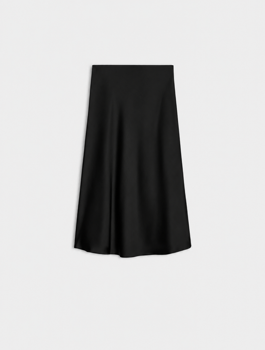 Black silk skirt product shot on a plain bakground