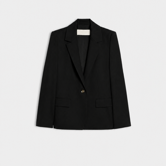 A black tailored blazer with notch lapels, a single front button, and flap pockets, photographed flat against a light gray background.