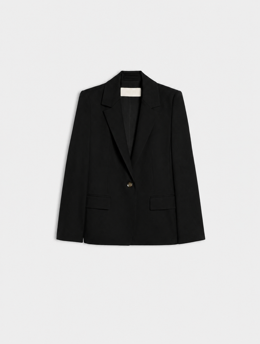 A black tailored blazer with notch lapels, a single front button, and flap pockets, photographed flat against a light gray background.