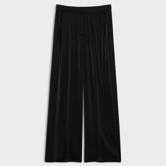 Black wide-leg silk pants with a high waist shown flat against a light gray background.