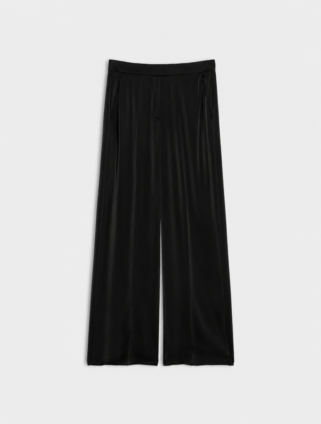 Black wide-leg silk pants with a high waist shown flat against a light gray background.