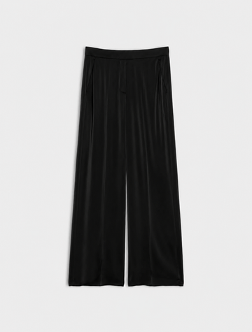 Black wide-leg silk pants with a high waist shown flat against a light gray background.