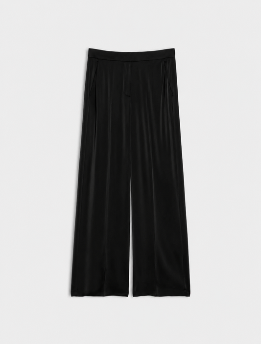 Black wide-leg silk pants with a high waist shown flat against a light gray background.