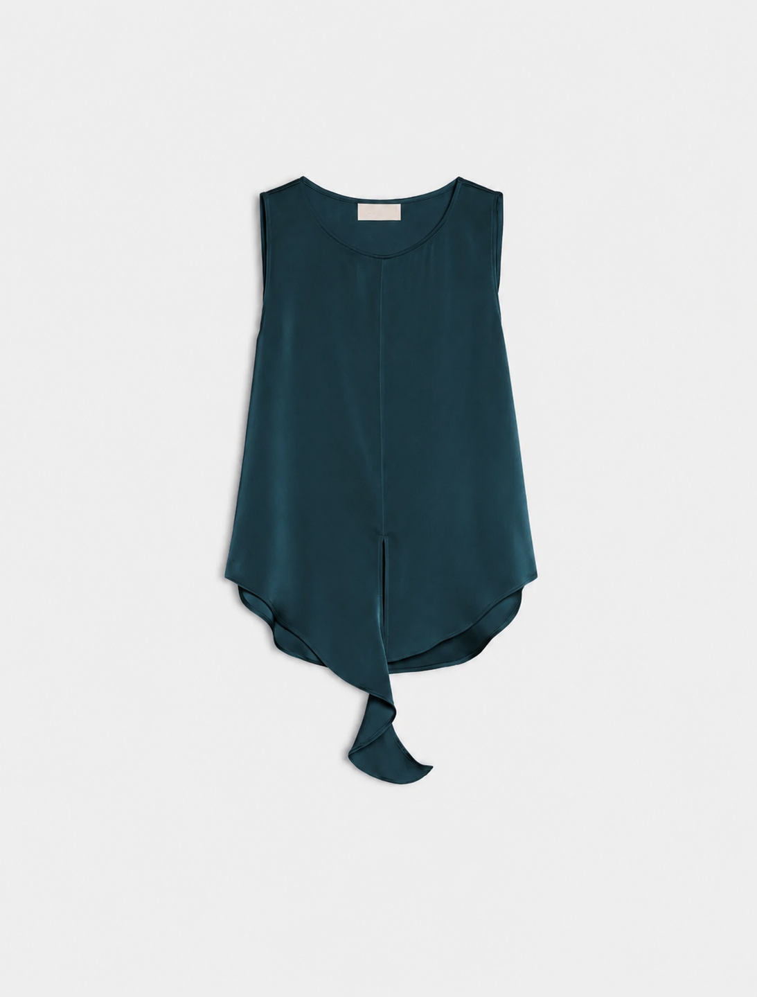 A sleeveless dark teal top with a high-low asymmetrical hem and a tied skirt detail, displayed flat against a light gray background.