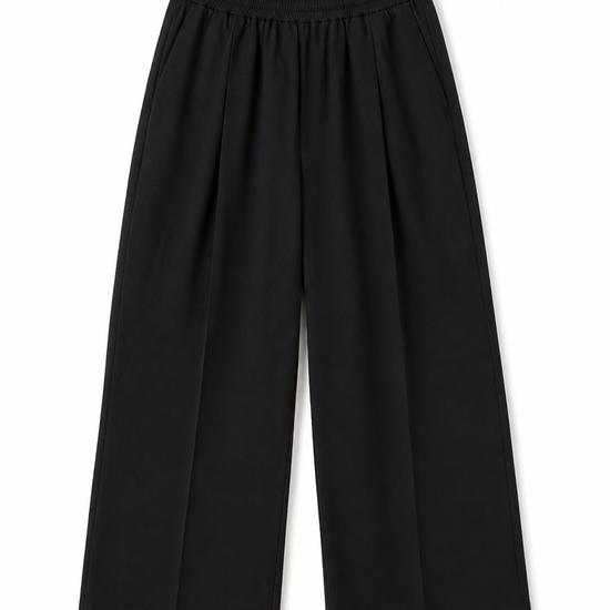 Black wide-leg trousers on a white background