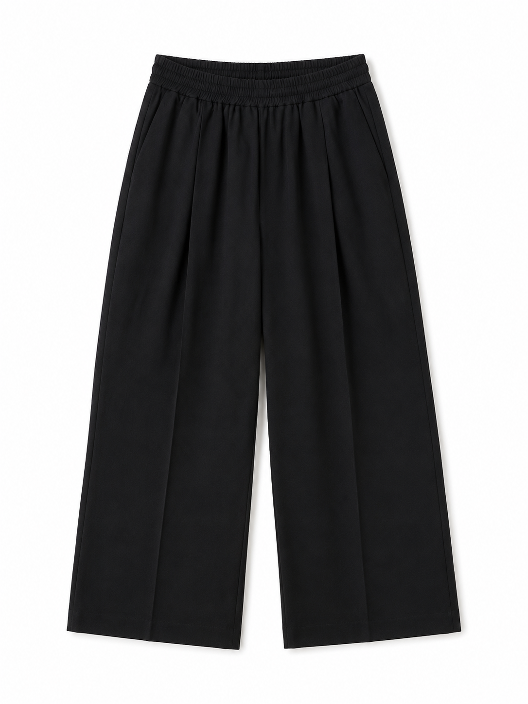 Black wide-leg trousers on a white background