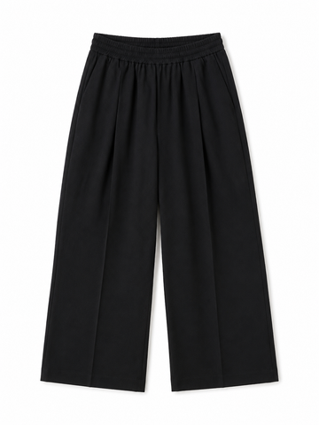 Black wide-leg trousers on a white background