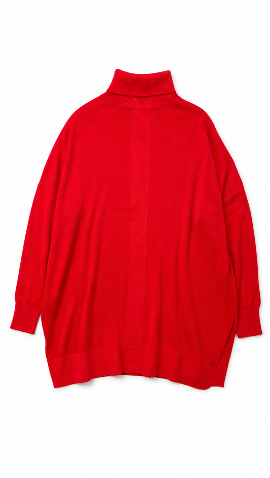 Back of red boxy turtleneck knit on a white background 
