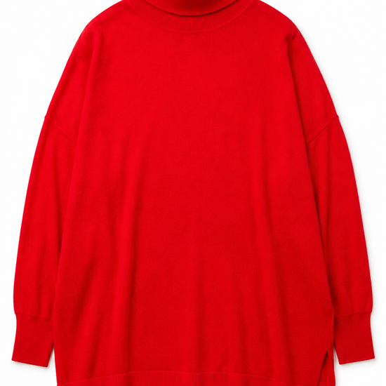 Red boxy turtleneck knit on a white background