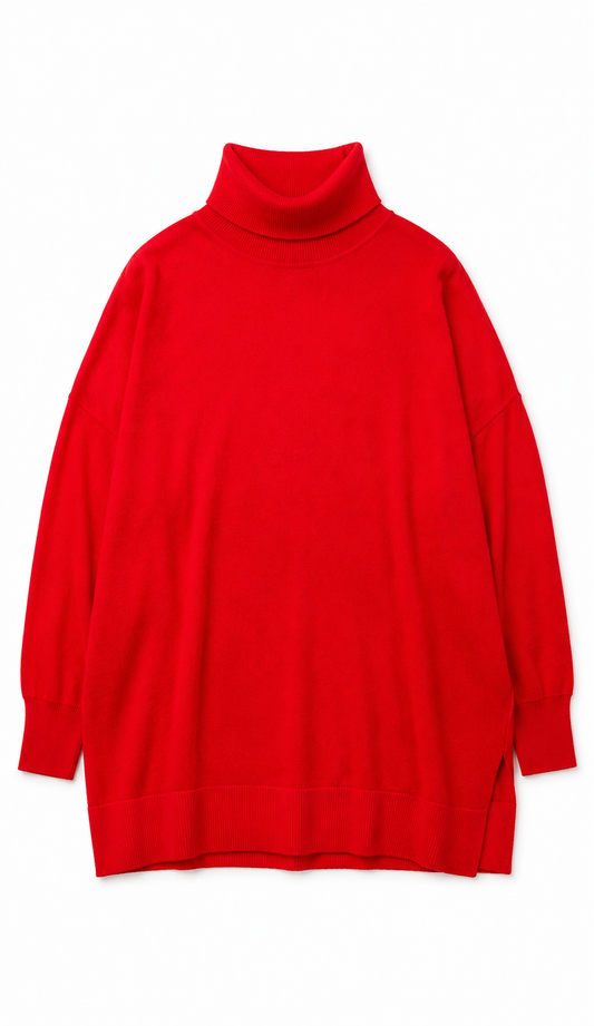 Red boxy turtleneck knit on a white background