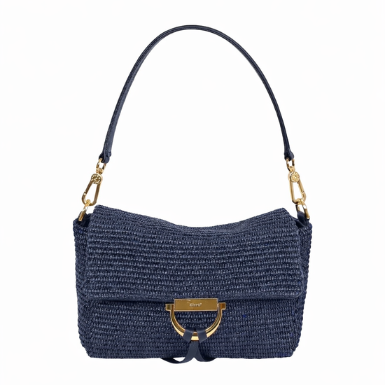 Navy blue raffia and leather bag with gold toned hardwear from Abro