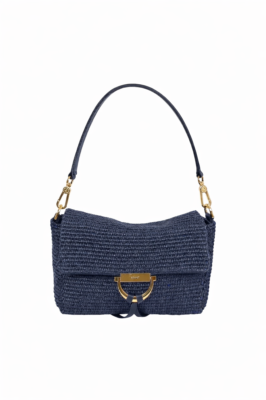 Navy blue raffia and leather bag with gold toned hardwear from Abro