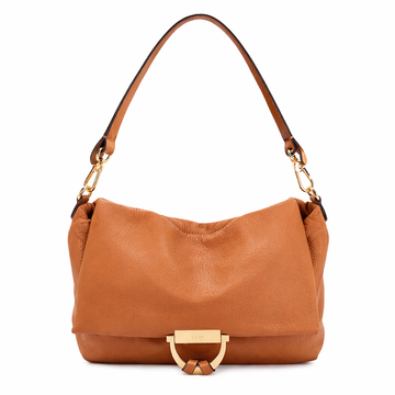 tan leather handbag with gold hardware on a white background 