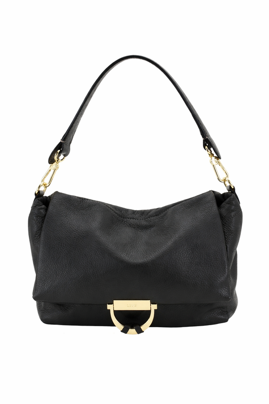 Black handbag with gold accents on a white background