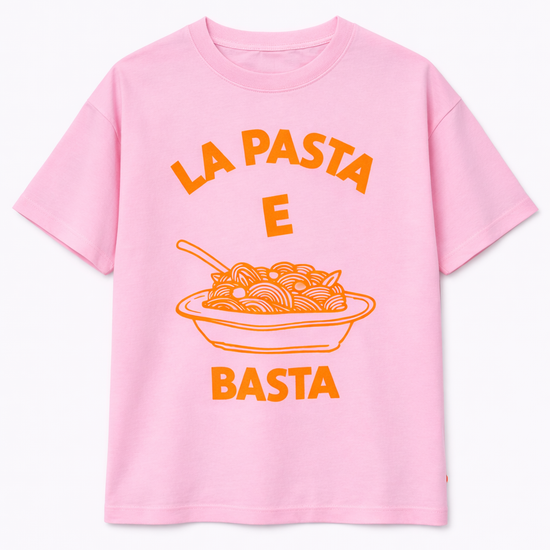 Pink t-shirt with orange text and pasta graphic on a white background