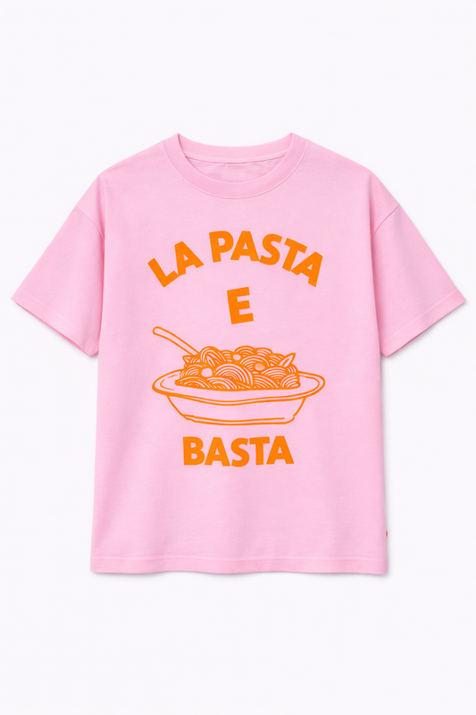 Pink t-shirt with orange text and pasta graphic on a white background