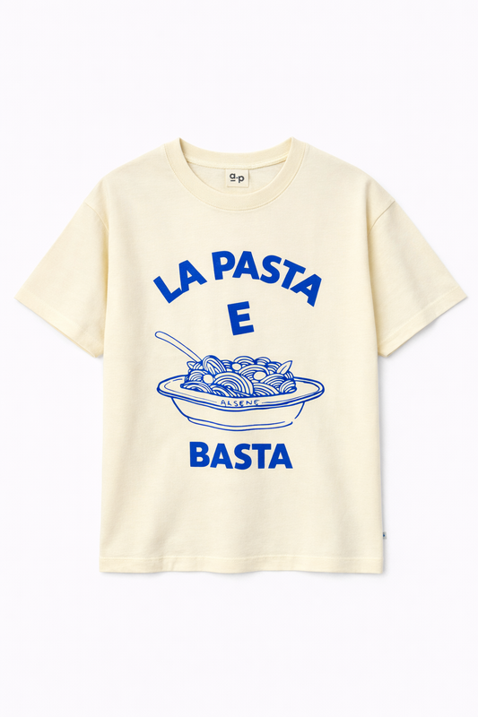 Beige t-shirt with blue graphic and text 'La Pasta E Basta' on a white background