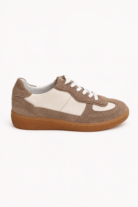 Brown and white sneaker on a white background