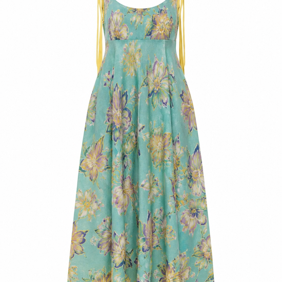 Floral dress with yellow accents on a white background