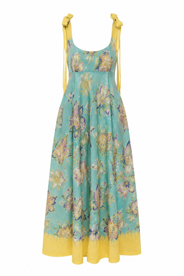 Floral dress with yellow accents on a white background
