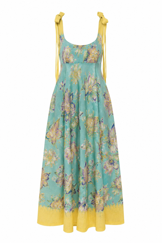 Floral dress with yellow accents on a white background