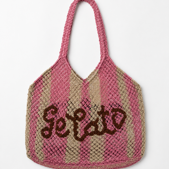 Pink and beige striped bag with 'Gelato' text on a white background
