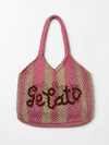Pink and beige striped bag with 'Gelato' text on a white background