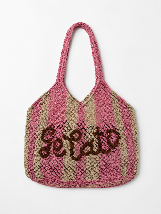 Pink and beige striped bag with 'Gelato' text on a white background