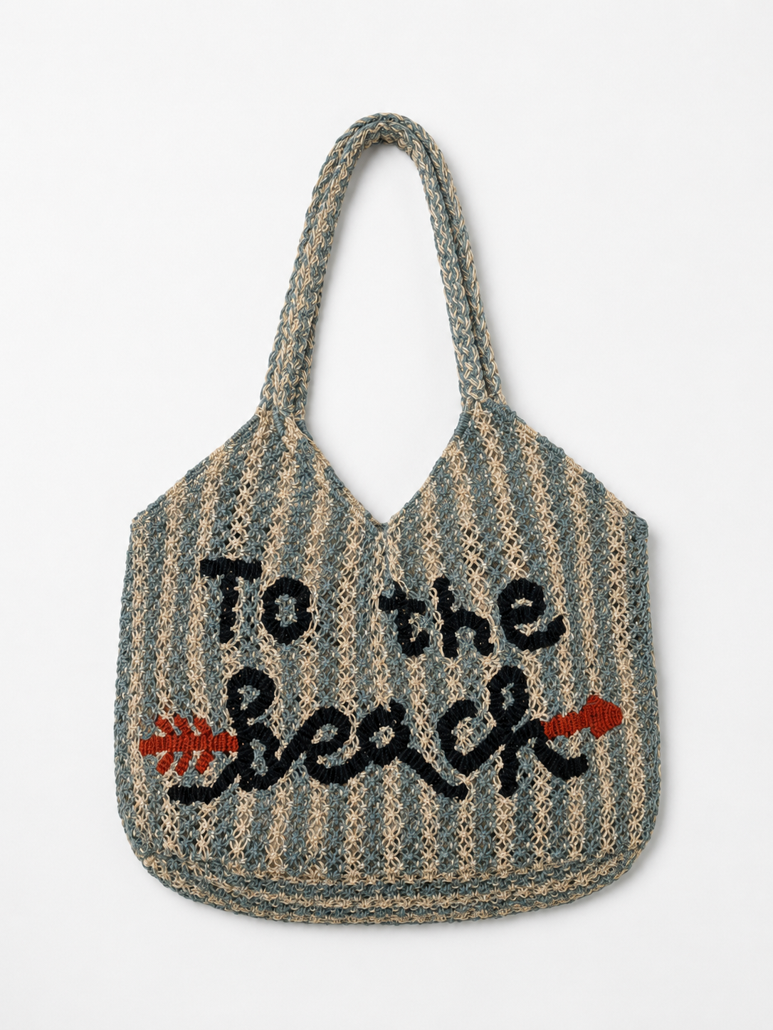 Striped tote bag with 'To the Beach' text on a white background
