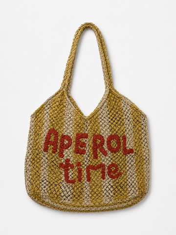 Woven bag with yellow stripes and slogan on a white background.