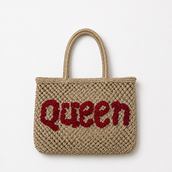 Woven bag with 'Queen' text on a white background