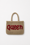 Woven bag with 'Queen' text on a white background