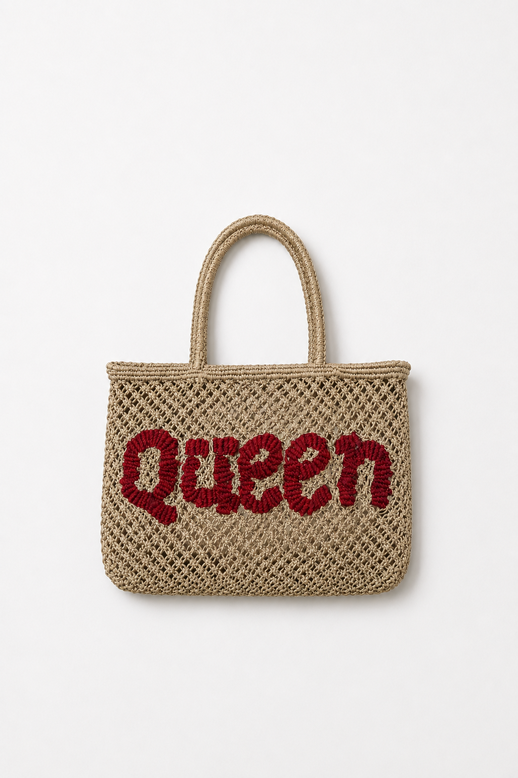 Woven bag with 'Queen' text on a white background