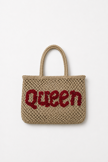 Woven bag with 'Queen' text on a white background