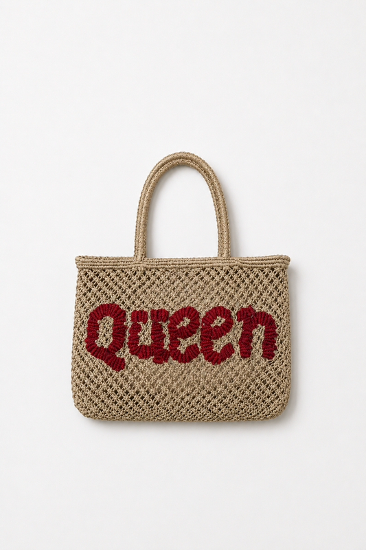 Woven bag with 'Queen' text on a white background