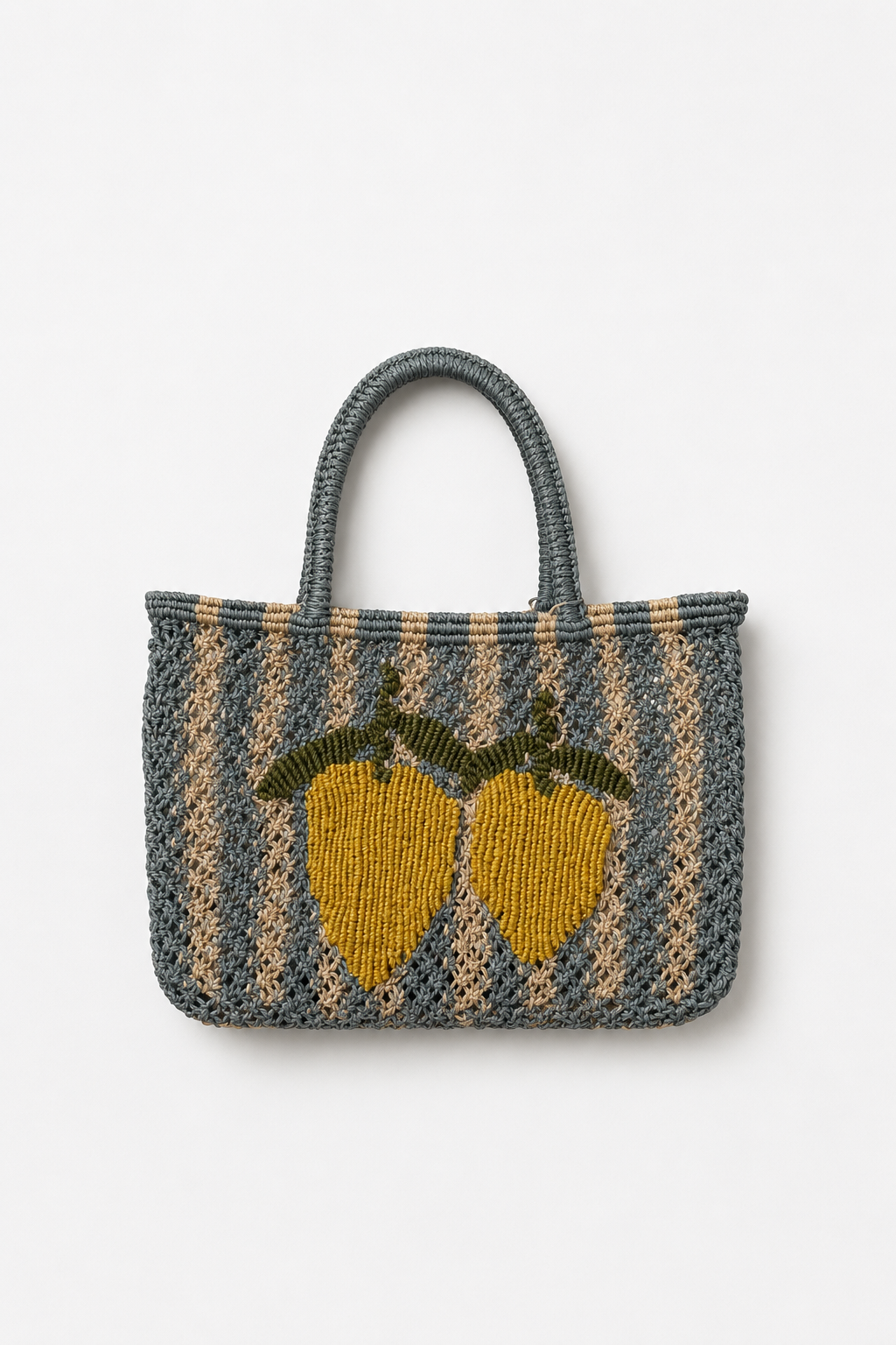 Woven bag with lemon design on a white background