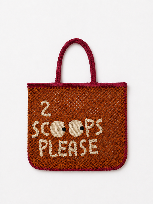 Woven bag with '2 Scoops Please' text on a white background
