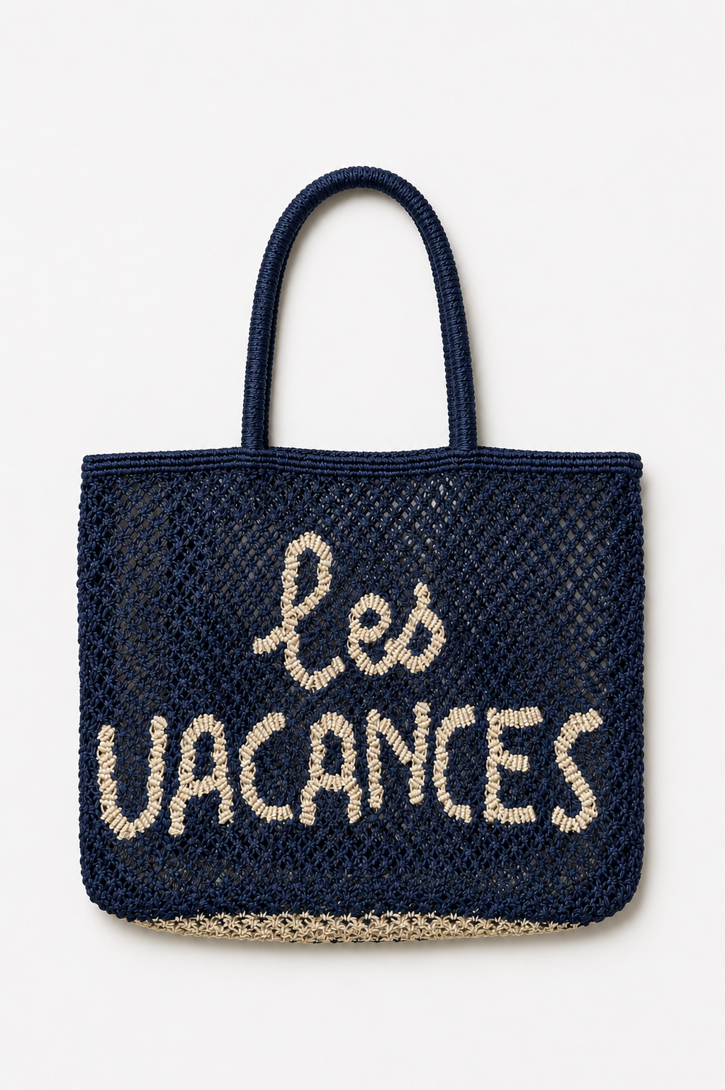 Woven navy bag with a slogan on it on a white background