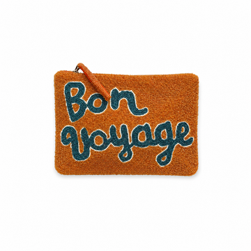 Orange pouch with 'Bon Voyage' text on a white background